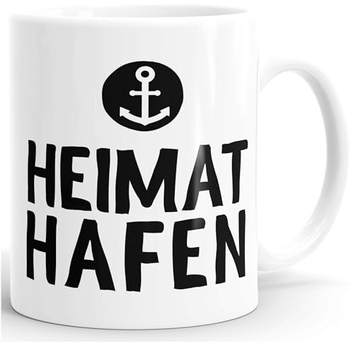MoonWorks® Kaffee-Tasse Aufschrift Heimathafen Anker Geschenk Partner Familie Freunde maritimes Motiv Weiss Keramik-Tasse