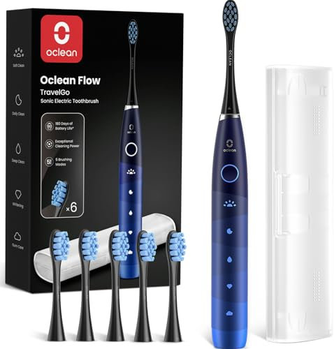 Oclean spazzolino elettrico sonico Flow Gift Set, Ricarica ogni 180 giorni, 5 Modalità, Impermeabile IPX7, Timer da 2 minuti, 6 Testine DuPont™, Custodia da viaggio, Blu