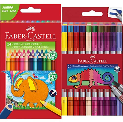 Faber-Castell 116524 - Jumbo Buntstifte dreikant, 5.4 mm, 24er Karton & 151119 - Doppelfasermaler 20er Etui, 1 Stück