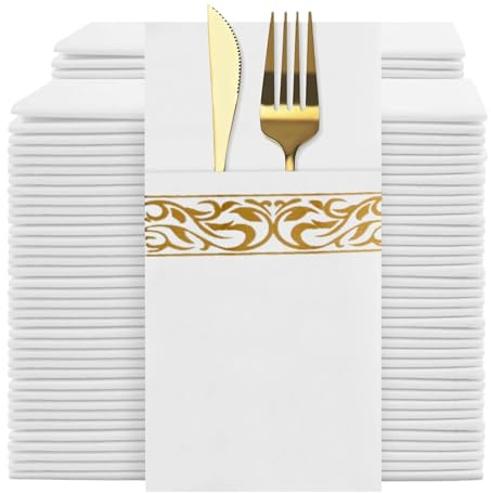 YIDUHAO Pre-Folded Napkins with Cutlery Pocket | 40x40cm Thick & Absorbent | Gold Print for Birthday BBQ Wedding 100PCS