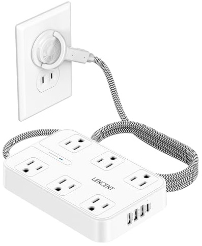 LENCENT 2 Prong Power Strip,2 Prong to 3 Prong Outlet Adapter,Two Prong Surge Protector, 6ft Braided Flat Plug Extension Cord, 6 AC & 4 USB (2 Type C), Wall Mount for Non-Grounded Outlet