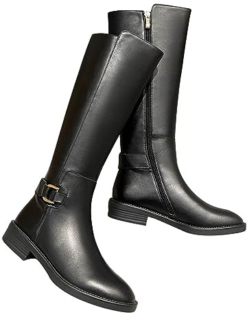 Yolimok Botas Altas Mujer Invierno, Zapatos Beige Cómodos, Caña Ancha y Alta Con Tacón, Mosqueteras Militares Elegantes Cálidas Ancho Cawoy