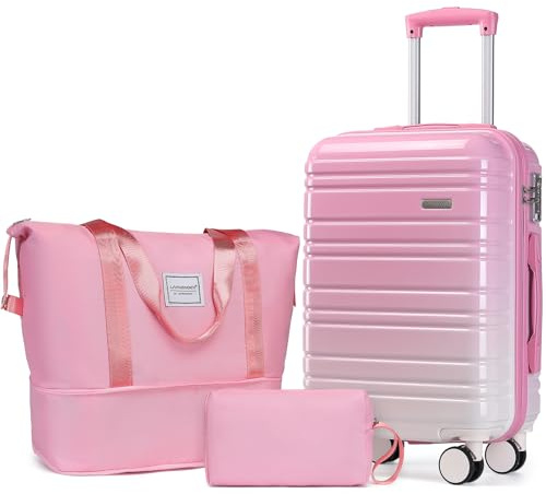 LARVENDER Luggage Sets 3 Piece, 20 Inch Carry on Luggage 22x14x9 Airline Approved Hardside PC+ABS Suitcase Set with Spinner Wheels TSA Lock, Lightweight Luggage Set for Women, Peach Sparkling