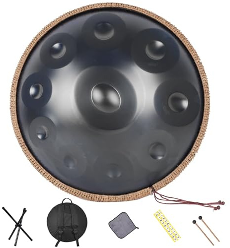 Handpan Drum 22 Inches 10 Notes 440HZ in D Minor Steel Hand Drum with Soft Handpan Bag, Harmonic Percussion for Sound Healing, Handpan Instrument for Personal Meditation,Yoga(Black)