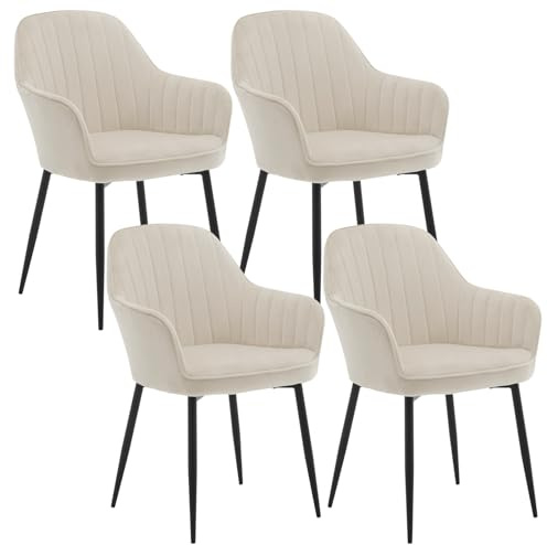 Klihome Dining Chair Set of 4, Wide Padded Velvet Chair with Back, Metal Legs, for Dining Room, Bedroom, Living Room, Dressing Table, Cream, K0016EZS-4-UK