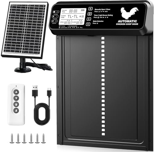 Automatische Hühnerklappe solar - mit Schaltuhr/Lichtsensor, Anti-klemm, Anti-klemm, solarbetriebene elektrische Hühnerklappe aus Aluminiumlegierung | Hochkapazitätsbatterie | 20M Fernbedienung