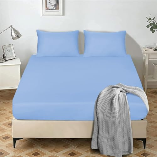My home store Fitted Sheet 25 cm Deep Brushed Microfiber Ultra Soft No-Iron Wrinkle-Resistant Plain Dyed Fitted Bed Sheets Hypoallergenic Breathable Sheets (Light Blue, King)