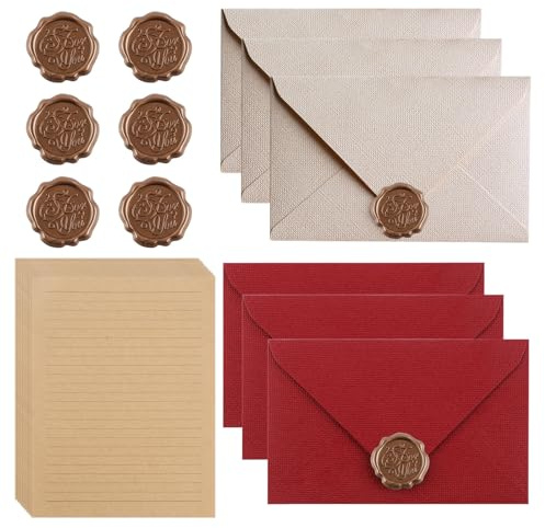 Luckwaii Set di Carta da Lettere Vintage Con Buste in Lino e Sigillo di Cera - 10 A5, Elegante per Inviti di Nozze