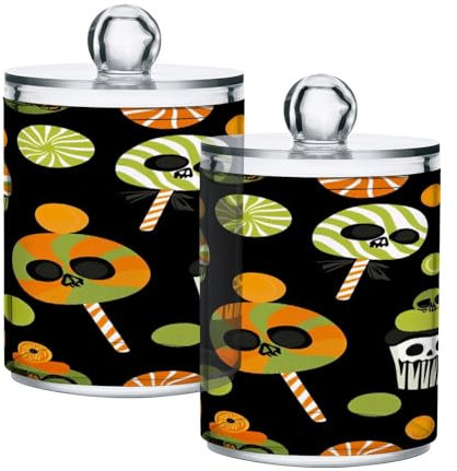 JUMBEAR Paquete de 2 soportes de algodón acrílico para tartas de caramelos de Halloween, frascos de boticario, bolas de algodón de plástico, soporte para bolas de hisopo de algodón, cajas de