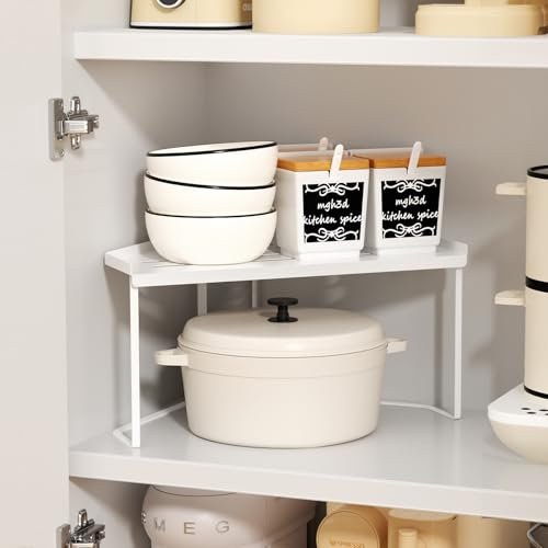 SHBaizoy Stapelbar Küchenschrank Organizer,Metalle Eckregal Küchen Organizer,Badezimmer Lagerung mit Anti-Rutsch Matte,Regaleinsatz für küchenschrank,für Küche/Bad/Tischplatte/Sideboard. (1, Weiß)