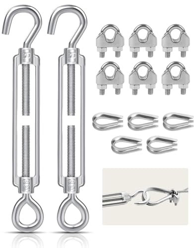TPZORJX 2 bulloni M6, 5 manicotti per funi metalliche, 6 morsetti per funi, bulloni regolabili con fori di aggancio per funi, tende da sole, fili da giardino, tenditori per recinzioni