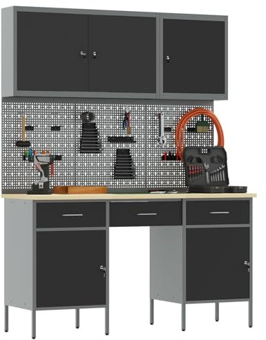 vidaXL Établi avec tiroir 8 pcs Noir 150 x 55 x 200 cm Acier, Organisation d'atelier, Rangement de qualité, Armoire Industrielle Pratique, système de Stockage Multi-Fonction