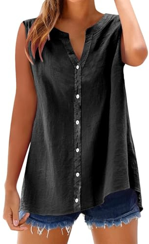 Camisa sin Manga Mujer Algodón Lino Verano Camisetas de Tirantes Blusa Moda Color sólido Casual Chaleco Ligero Transpirable Tank Tops Cuello en V Botones Fiesta Playa Camisa Suelto tee 2025