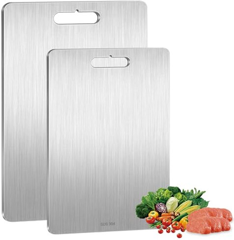 KIMIGO 2 Pezzi Tagliere da Cucina in 304 Doppio Lato Acciaio Inox Professionale - Multifunzione Resistente Antibatterico Senza BPA Facile da pulire per Carne, Frutta, Verdura(34x23cm + 25x15cm)