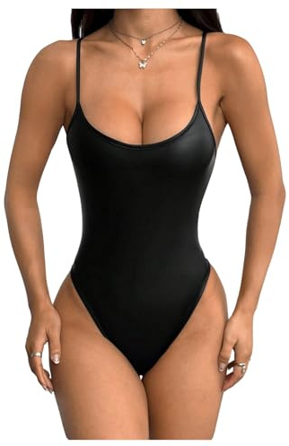 Milumia Women's PU Leather Spaghetti Strap Bodysuit Scoop Neck Backless Cami Tops Black Petite-XS