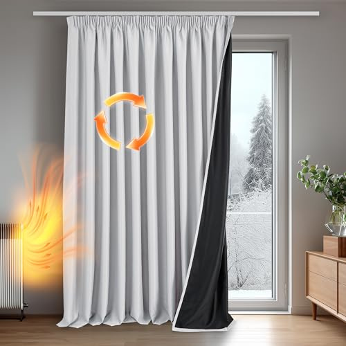 Deconovo 100% Verdunklungsvorhänge Blickdicht Vorhänge mit kräuselband Gardinen Wohnzimmer Vorhang Verdunkelung Thermovorhänge gegen Hitze Wärmeisolierend, H245 x B300 cm, Silber Grau, 1 Stück