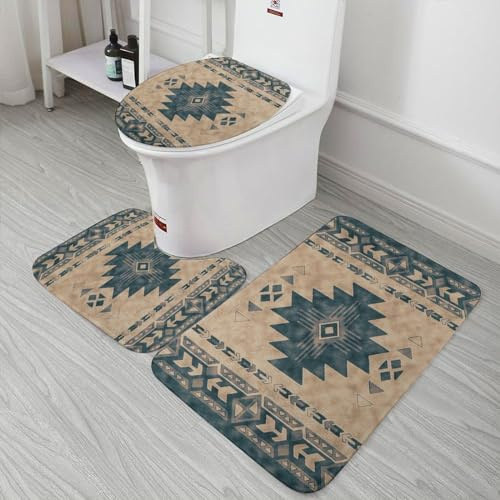 Bathroom Mat Sets 3 Piece Native American Aztec Ethnic Navajo Vintage Pattern U Shape Wc Toilet Rug With Rubber Backing Anti Slip Door Mats, For Floor Tub, Bedroom, Outdoor