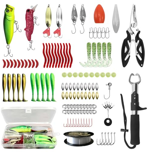 GALOZZOIT Juego de 117 señuelos de pesca con hilo de nailon, controlador y pinzas, cebo de alta calidad para agua dulce y salada con caja, cebo de goma, wobbler, spinner para lucio, perca, lucioperca
