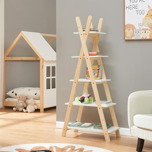 [en.casa] Scaffale a Scala per Cameretta Libreria Bassa per Bambini Scaffaletto con 5 Ripiani Telaio in Legno di Pino 145x65x32 cm Naturale/Bianco