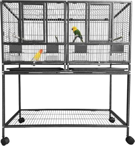 43 Inch Bird Cage with Wooden Perches, Standing Wrought Iron Birdcage with Wheels, Large Parrot Cage Bird Cages with Slide-Out Tray Water Bottle Feeder for Parakeets,Cockatiel, Canary,Pigeons