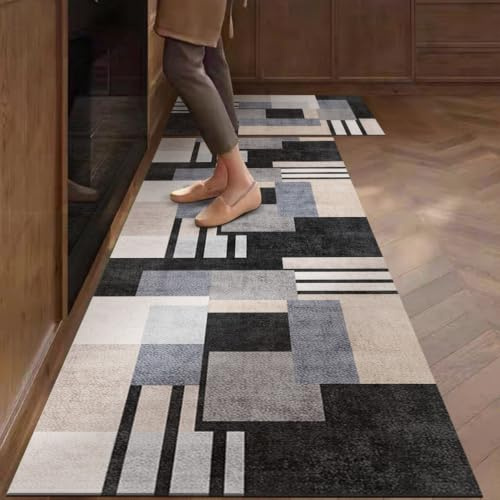 Alfombra Cocina 50X80Cm Negro Gris Alfombra Vinilica Cocina Cuero,Modernas Lavable Antideslizante Anti Fatiga para Pasillo, Comedor,Hogar Alfombrilla Cocina