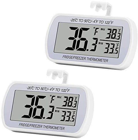 Digital Refrigerator Thermometer 2 Pack Fridge Freeze Room Thermometer Waterproof Large LCD Display Max/Min Record Function, White