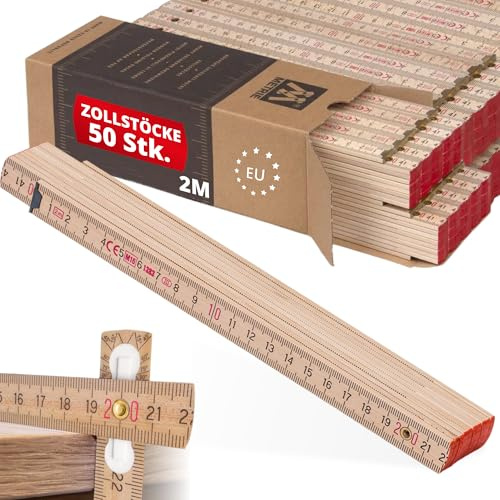 Metrie™ Mètres pliants – Mètres en bois 2 m | Mètres – NATUREL – Échelle duplex, Fabriqués dans l’UE | Robustes et précis | pour Artisans et Bricoleurs | BLOCK 72 – 50 pièces
