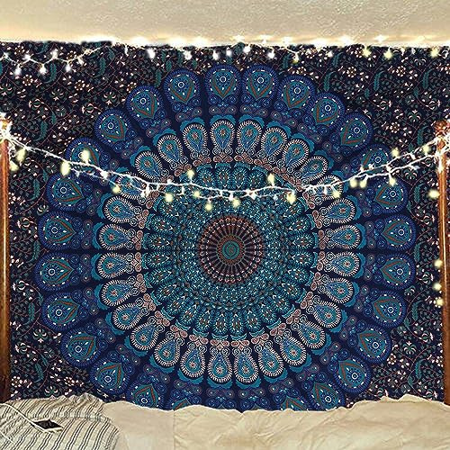 Bless International Handmade Indian hippie Bohemian Psychedelic Peacock Mandala Wall hanging College Dorm Beach Throws Table Cloth Bedding Tapestry (Blue Green, Medium(54x60Inches)(137x152cms))