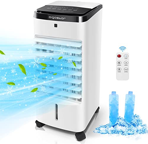 Aigostar Olaf - Raffrescatore evaporativo con telecomando a 3 modalità di vento e velocità. Con timer per lo spegnimento auto. Serbatoio d’acqua da 3.5L. Base con ruota girevole per lo spostamento