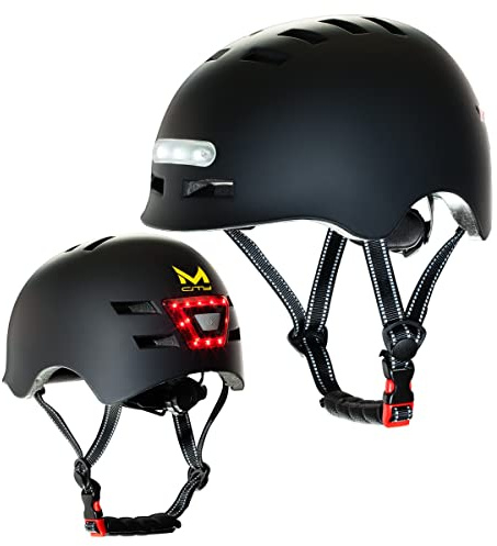 MOLTO| Casco con luz Frontal y Trasera LED para Adultos | Ideal para patinetes eléctricos, Bicicletas, Scooter o monopatín| Resistente y Duradero | Funciona con baterías Recargables