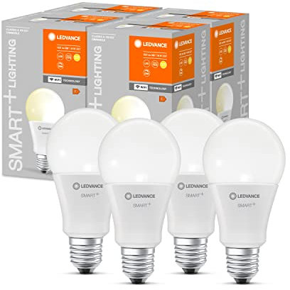 LEDVANCE Smarte LED-Lampe mit WiFi Technologie, Sockel E27, Dimmbar, Warmweiß (2700 K), ersetzt Glühlampen mit 100 W, SMART+ WiFi Classic Dimmable, 4er-Pack