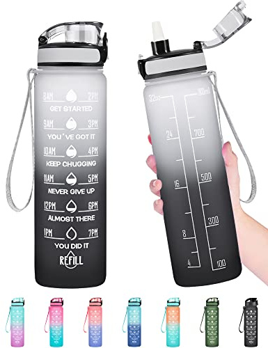 Enerbone 32 oz Water Bottle, Leakproof BPA & Toxic Free, Motivational Water Bottle with Times to Drink and Straw, Fitness Sports Water Bottle with Strap for Office, Gym, Outdoor Sports, Gray-Black