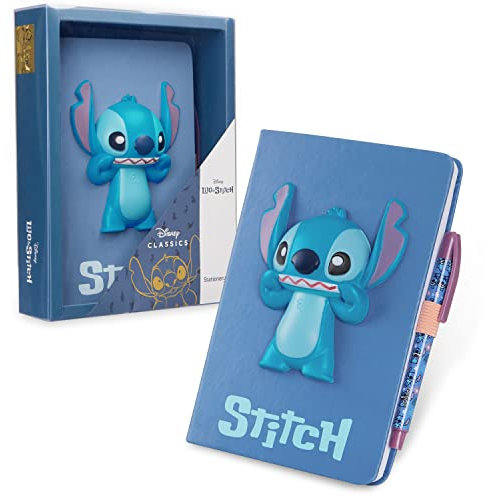 Disney Stitch A5 Notizbuch liniert mit Stift für die Schule - Tagebuch Set(Blau 3D)