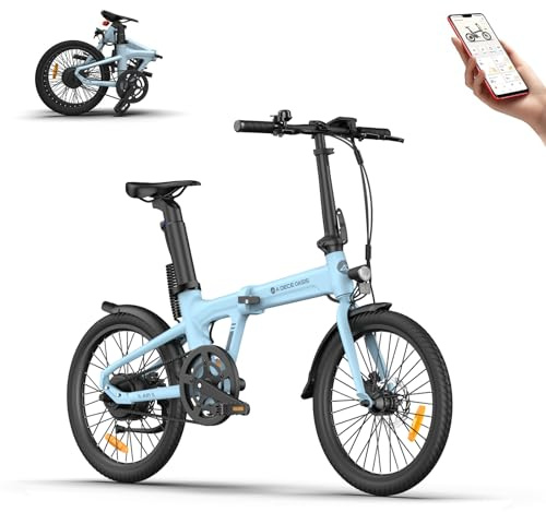 Vélo électrique Pliant ADO, 20 Pouces, Léger 17.5 kg, avec Batterie 9,6 Ah/36 V, avec Entraînement par Courroie, Capteur de Couple, Applications Intelligentes, Portée de 70 à 100 km (Bleu)