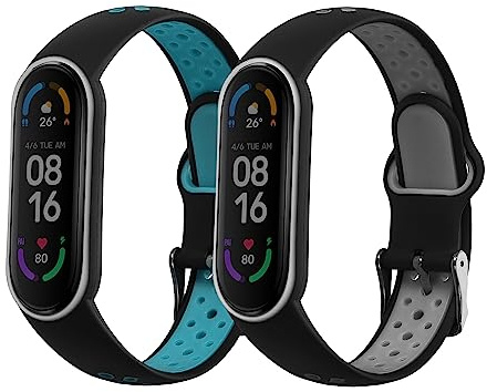 kwmobile 2X Uhrenarmband für Xiaomi Mi Smart Band 6 / Mi Band 6 / Band 5 Armband - Fitnesstracker Band Set aus TPU Silikon - Ersatzarmband Smartwatch - Schwarz Grau Schwarz Blau