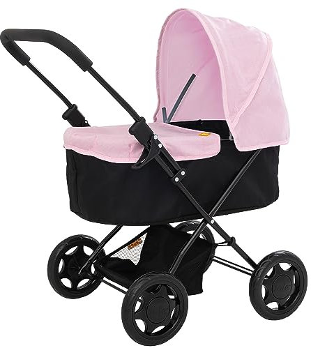 Joie Baby Doll Pram | Kids Pushchair with Removable Apron & Adjustable Hood | Lightweight Folding Stroller with Storage | Black & Pink Toy Pram for Children Ages 3+