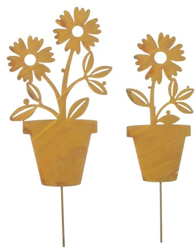 FRANK FLECHTWAREN Gartenstecker Blume im Topf, 2er Set, Metall, Echtrostfinish Maße: Höhe 35 cm, 40 cm