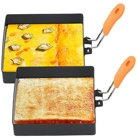 Lot de 2 moules à œufs carrés antiadhésifs de 10,2 cm pour frire les œufs avec poignée en silicone, moule à œufs carré en acier inoxydable, braconnier à œufs, moules à œufs au plat pour petits déjeune