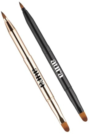 Aura Retractable Brush for application on lips or eyes. Liner Brush, Lip Gloss, Eyeshadow Concealer Brush. 2 Pieces Double-ended Lip Applicator with Cap, (Black/Gold)