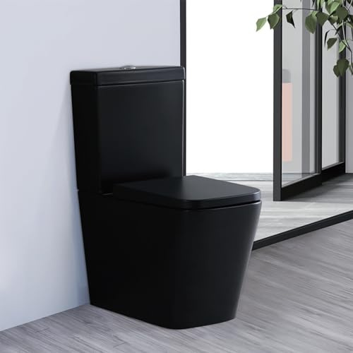 Modern Matt Black Rimless Close Coupled Toilet Square Back to Wall Bathroom Toilet Ceramic WC Pan Dual Flush Cistern Soft Close Seat Flush to Wall Comfort Height Toilets