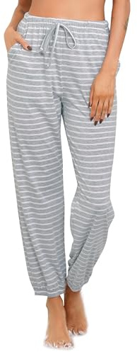 Vlazom Pantaloni del Pigiama Donna A Righe Cotone Lungo Morbidi Pantaloni da Notte con Tasche per Loungewear，Striscia grigio chiaro，M