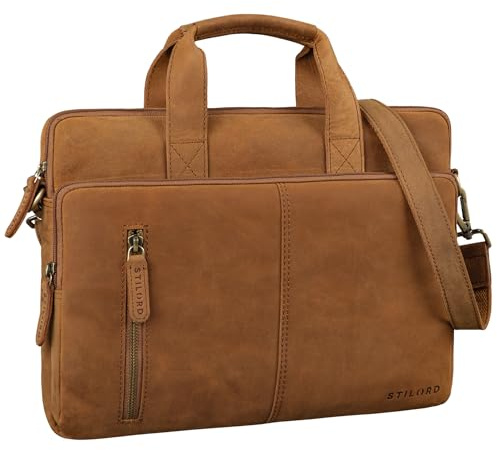 STILORD Raihn Porte-Documents 13.3-14 Pouces Cuir Pochette Ordinateur Étroite Sac de Travail Homme Housse Pc Portable en Cuir Veritable Couleur:Tan - Marron - Scuro