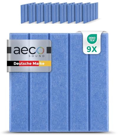 Aeco Sound® - Akustikkacheln aus Akustik-Filz, selbstklebend, extra dick 15mm, 9 Stück, je 30x30cm - Wandpaneele, Wandschutz, Schallschutz, Akustikplatten, Akustikpaneele (Blau)