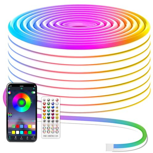 MMEEVT 15M Bande LED RGB Néon Flexible Bande LED Bande Flexible Télécommande Application IP67 Étanche Corde Lumineuse avec Synchronisation Musique pour Chambre Chambre et Décoration Extérieure