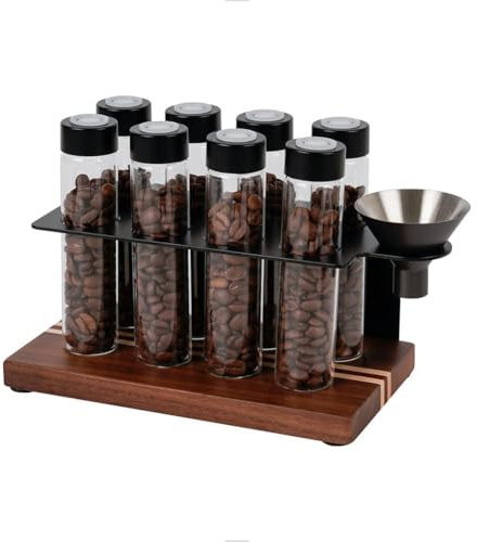 watchget Coffee Bean Storage Tubes Single Dose Coffee Bean Cellars 8 Pcs with One-way Exhaust Valve Sealed Airtight Coffee Bean Storage Jars with Hopper, Wooden Display Stand, B