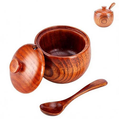 lvifloae Contenedor de especias de madera, caja de sal con tapa, cuchara, caja de condimentos vintage, tarro de especias, recipiente para condimentos, utensilio adecuado para cocina