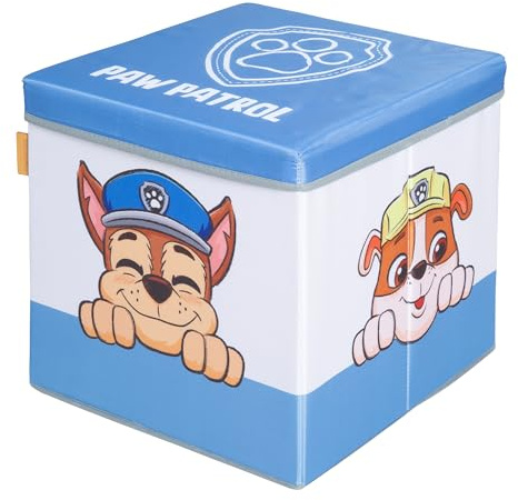 Faltbare Sitz- & Aufbewahrungsbox Paw Patrol - Motive der beliebten Serien Hunde - Aufbewahrungsbox 4-seitig bedruckt - Nutzbar als Sitzhocker für Kinder - Blau / Weiß