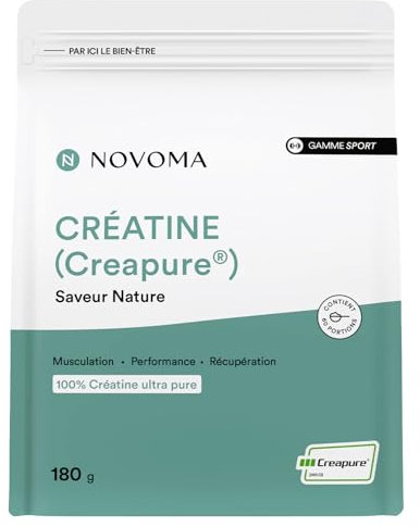 NOVOMA Créatine Monohydrate Creapure®, 100% Poudre Ultra Pure, Performance et Force Musculaire, Saveur Nature, 60 Portions, Sachet 180g, Fabriqué en France