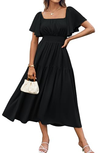 GRACE KARIN Robe Maxi Femme Chic et Élégante Col Carré Manches Courtes Bouffantes Taille Haute Robe de Soirée Noir XL