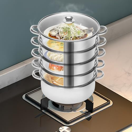 Stainless Steel Food Steamer Pan Set, 5 Tier Steamer Cooker Pot with Vented Glass Lid & Durable Handles, 4 Steaming Grids & 1 Cooking Pot, Silver, 24cm/9.44inch